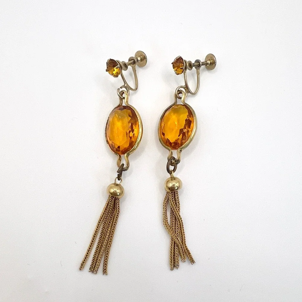 Vintage Amber Glass Tassel‎ Dangle Earrings Gold Tone Screw Back Art Deco Style